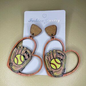 Baseball / Softball Glove and Heart Wood Earrings
